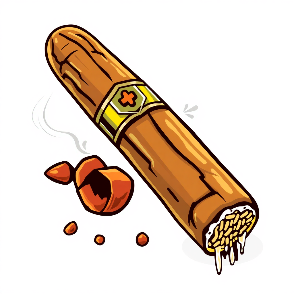 The image is an illustration of a cigar. The cigar is long and cylindrical in shape, with a golden-brown color. It has a red cross on the top, which is a symbol of the Cuban flag. On the right side of the cigar, there is a pile of nuts, which appear to be almonds or hazelnuts. The nuts are scattered around the cigar and there is smoke coming out of them. The background is white, making the cigar stand out.