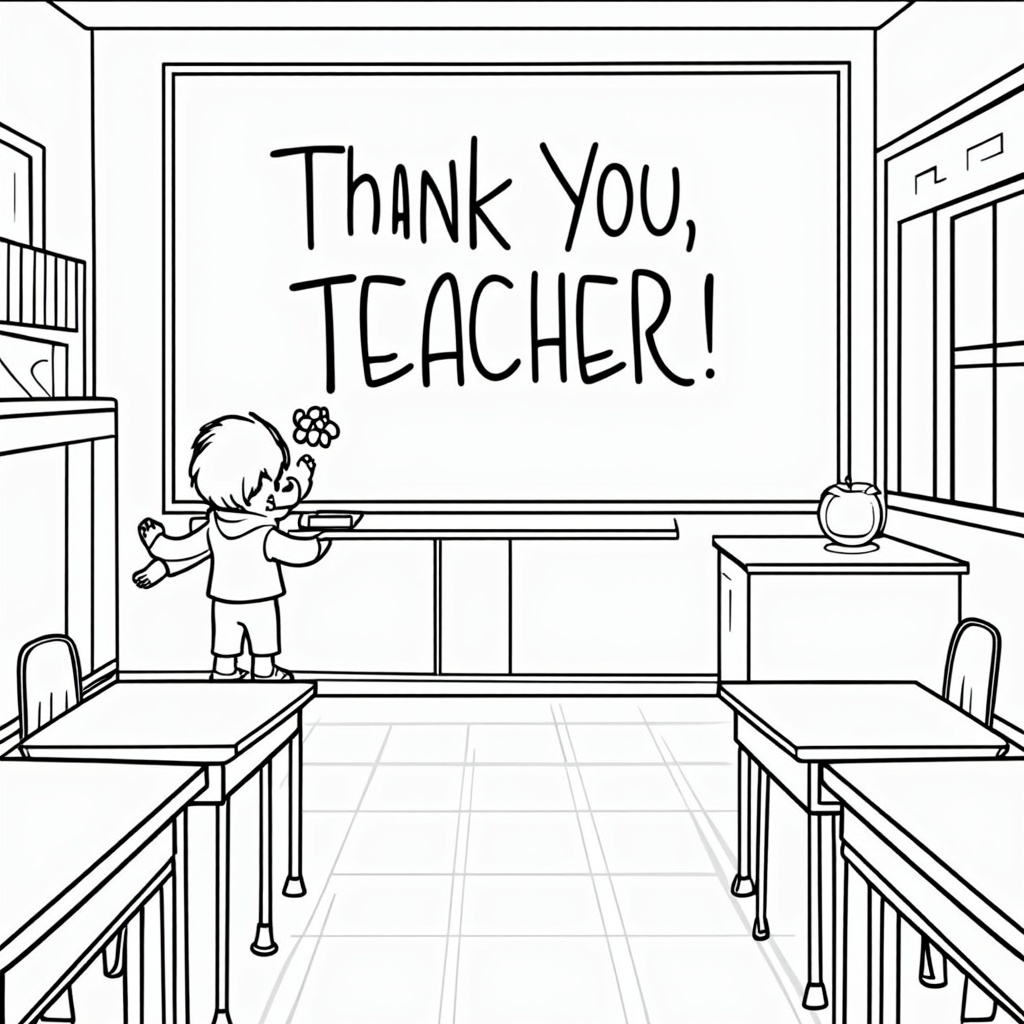 A 'student's view' page with the chalkboard message 'Thank You, Teacher!' and space below or around it for a child to draw their own picture or write their teacher's name, with a simple classroom background.