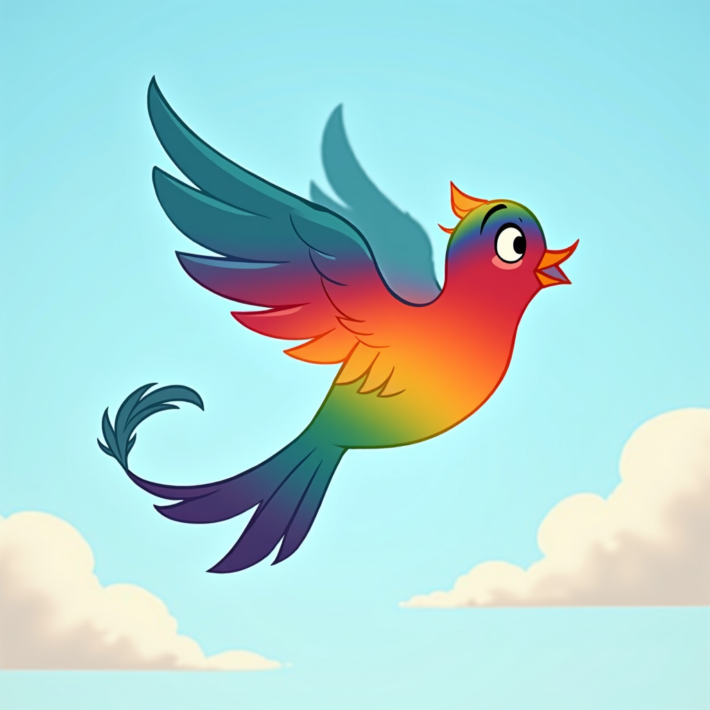 A minimalist icon depicting a bird silhouette filled with rainbow colors, with a single, stylized feather detail trailing behind it, suitable for app icons or small graphics.