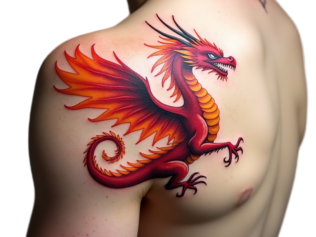 A phoenix-dragon hybrid tattoo graces a shoulder, combining fiery feathers with sinuous scales, symbolizing rebirth and courage in vibrant reds and oranges.