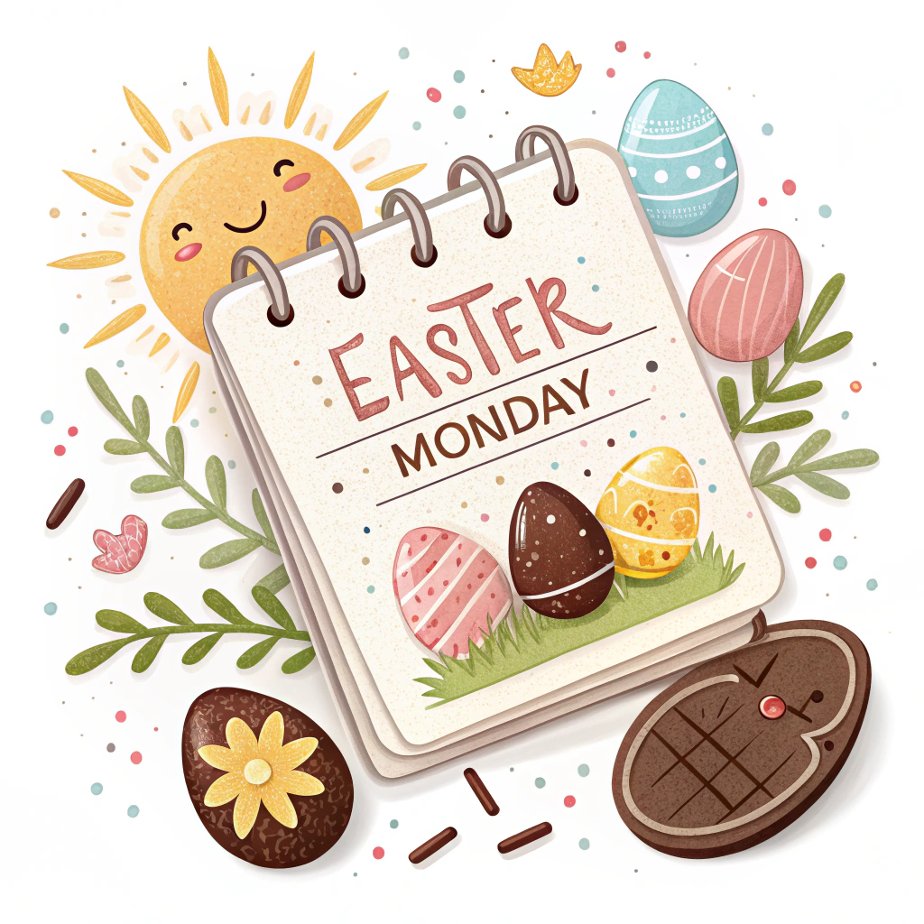 A sticker showing a calendar page turned to Easter Monday, with festive elements like pastel-colored confetti, small chocolate eggs, and a cheerful sun.