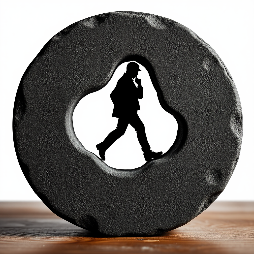 Silhouette in Negative Space: A solid, perhaps uniquely shaped grindstone form, with a human silhouette (e.g., a figure striding or thinking) cleverly cut out as negative space within it. This represents the entrepreneur being shaped by the 'grind' or being the core element driving the work.