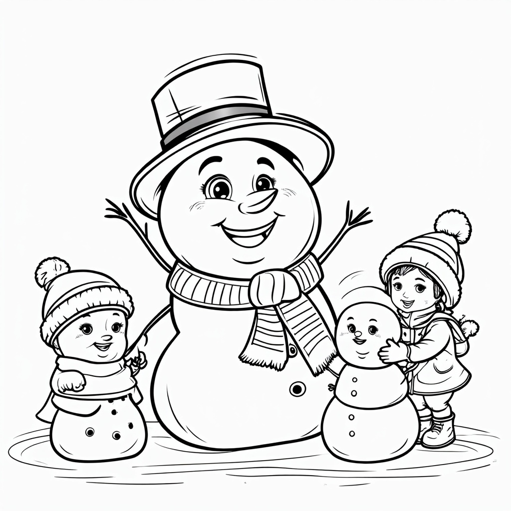 A cheerful snowman with a wide smile, wearing a colorful striped scarf and a black top hat. Its coal eyes sparkle in the daylight, and carrot nose is perfectly centered. In the background, children in winter clothes are building more snowmen, enjoying the winter magic.