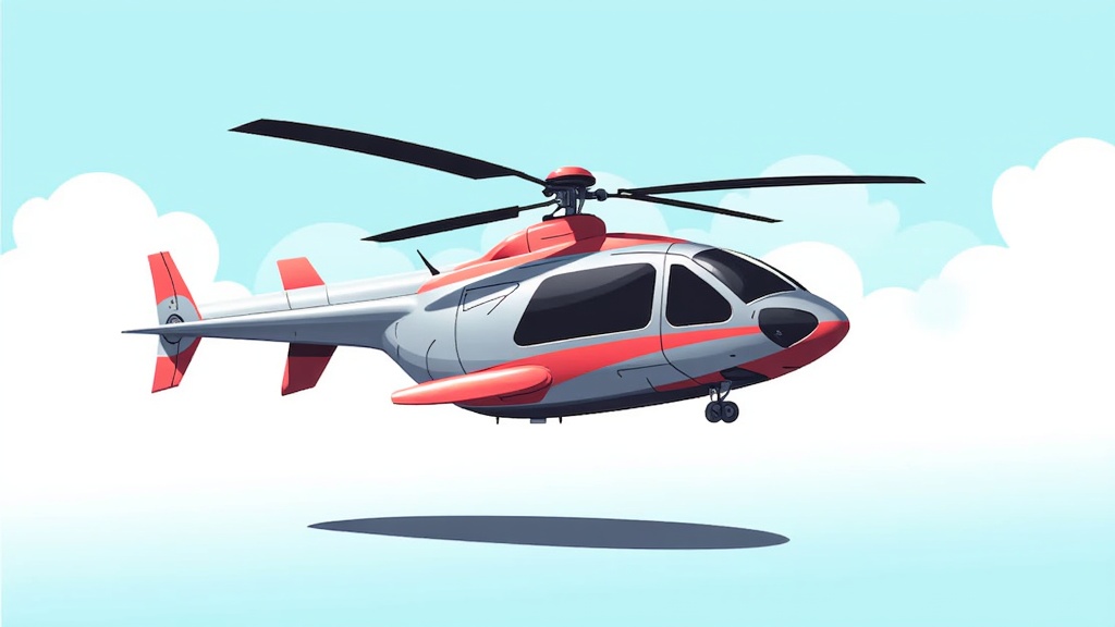 The image is a digital illustration of a red and white helicopter flying in the sky. The helicopter has a sleek design with a pointed nose and two propellers on either side. The body of the helicopter is predominantly red with white stripes running along the sides. The wings are black and the tail is white. The background is a light blue sky with white clouds scattered throughout. In the bottom right corner of the image, there is a shadow of a plane flying towards the right side of the frame.