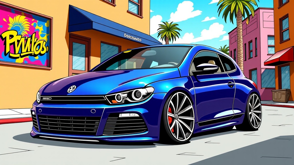 The image is a digital illustration of a blue Volkswagen Golf GTI car parked on a street in front of a building with a colorful mural on the side. The car is a two-door coupe with a sleek and sporty design. It has a large front grille with the Volkswagen logo in the center and a spoiler on the hood. The body of the car is painted in a bright blue color with silver accents and black rims. The building on the left side of the image has a yellow awning and a sign that reads Puerto Rico. There are palm trees and other buildings in the background. The sky is blue with white clouds.