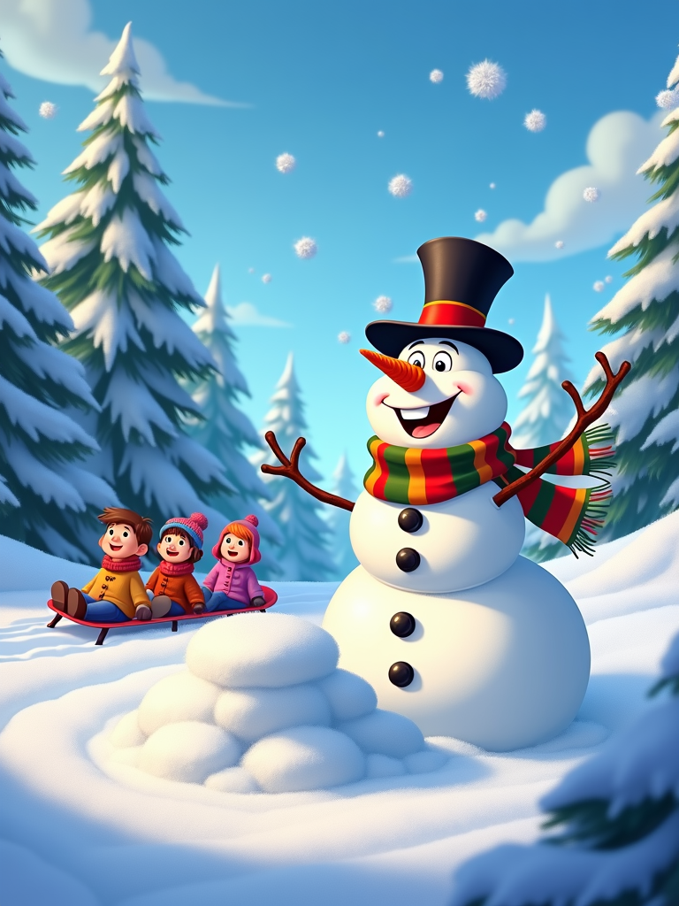 The image shows a snowman with a top hat and scarf standing in the snow with two children sitting on a sled in front of it. The snowman is surrounded by trees covered in snow and the sky is filled with clouds. The image is animated, giving it a festive feel.