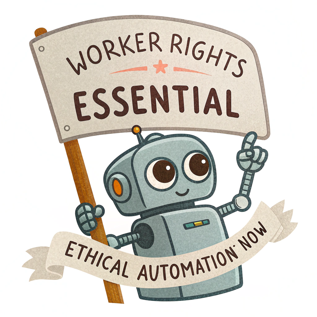 Robot Advocate for Rights: A simple, friendly robot character holding a small protest banner that reads 'Worker Rights Essential' or 'Ethical Automation Now'. Creates an approachable, direct message.