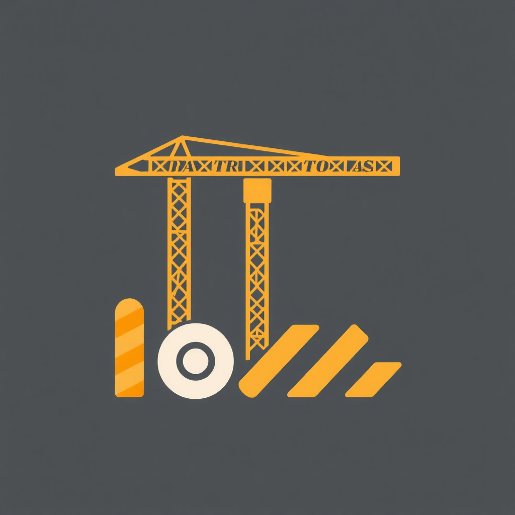 The image is a graphic design of a construction crane. The crane is yellow in color and has a long arm with a hook at the end. It is standing on a gray background. Below the crane, there is a white circle with a black outline. On the right side of the image, there are orange diagonal lines that form a zigzag pattern. The overall design is simple and minimalistic.