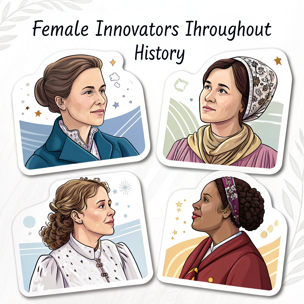 A series of illustrated portraits showcasing female innovators throughout history, each accompanied by a brief biography and their key achievements.
