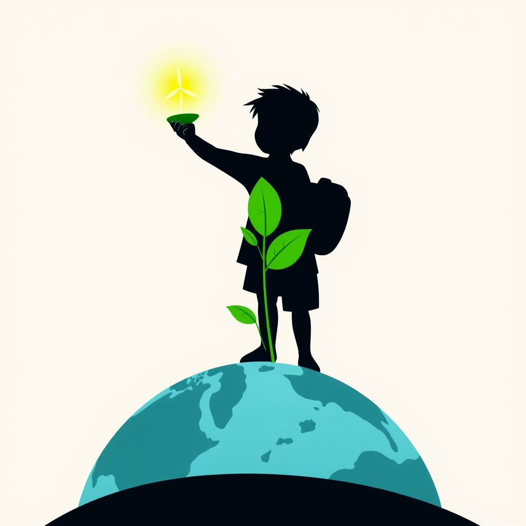 Sub-Design Idea 1: 'The Beacon of Tomorrow' - Silhouette of a young person on a stylized globe or hill, holding aloft a glowing green sapling or an eco-themed light source. Beams of light subtly incorporate renewable energy symbols (wind turbine, solar panel) and leaf motifs, guiding towards a bright future.