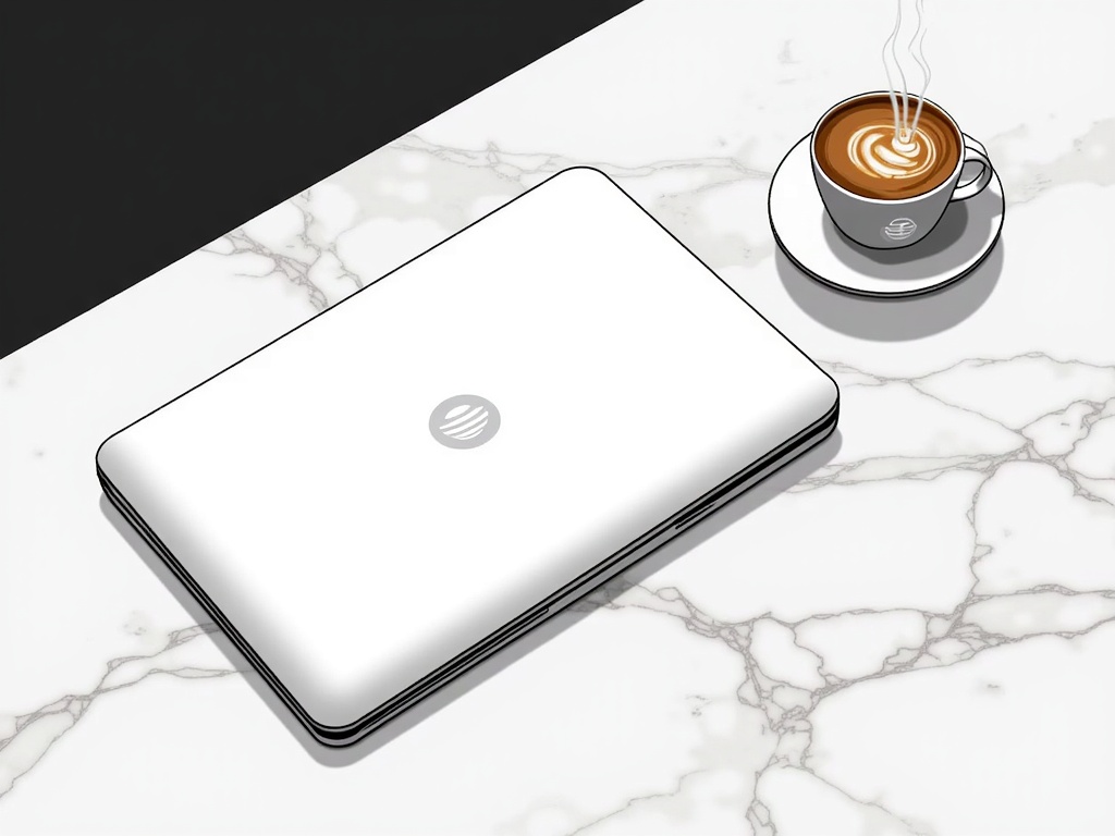 A flat design laptop sits closed on a marble countertop beside a cup of steaming coffee. The hinge is nearly invisible, contributing to a seamless, monolithic look. The brand logo is centered on the lid, subtly embossed.