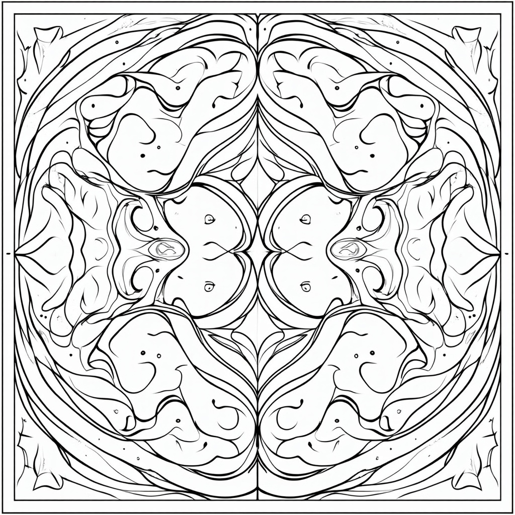 Abstract Entanglement Pattern: Focus less on distinct particles and more on an abstract, symmetrical design representing entanglement. This could involve two mirrored, intricate patterns that are deeply interconnected, possibly with a cosmic theme woven into the patterns (stars, galaxies, nebulae). Children could color the mirrored sections to match or contrast.