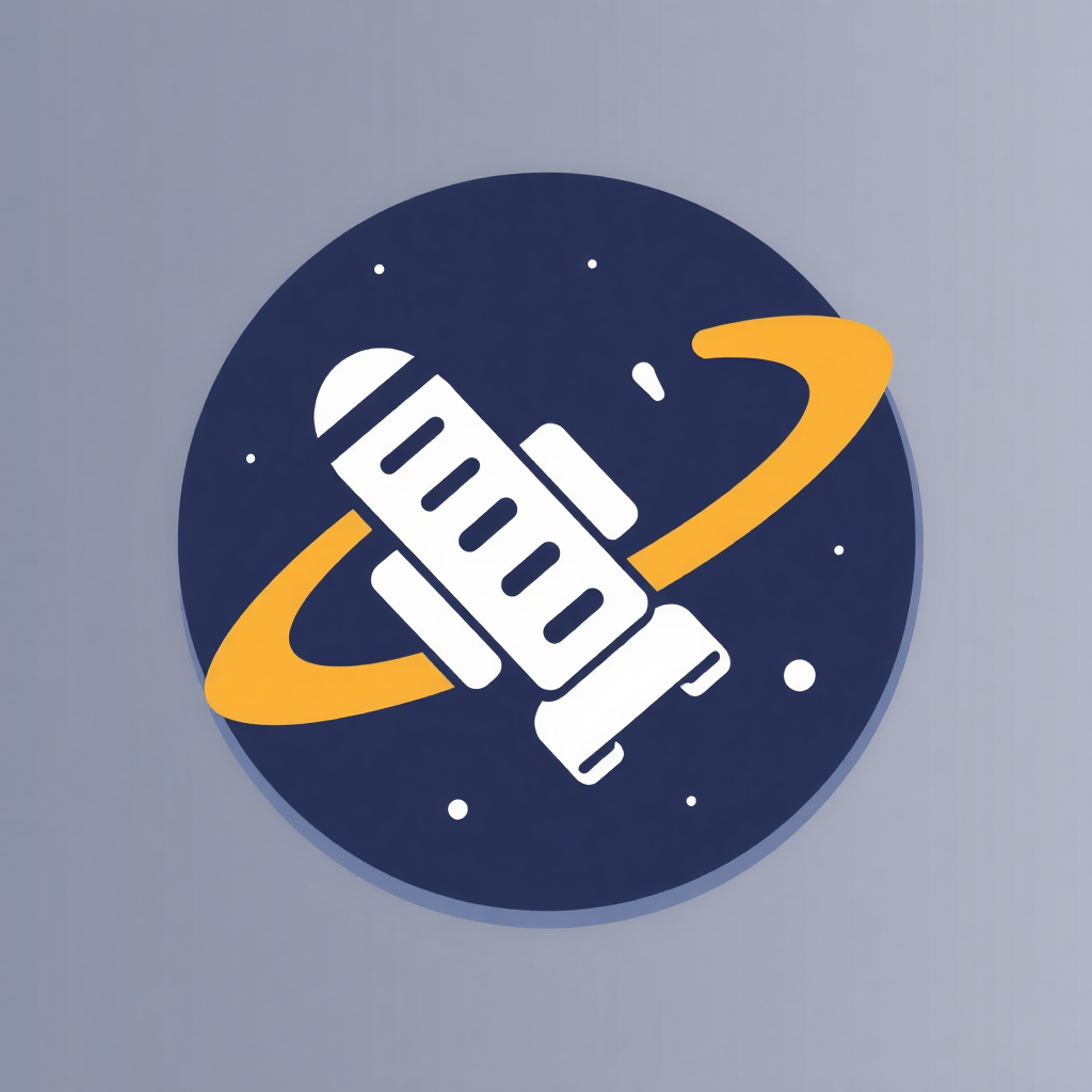 The image is a circular logo with a dark blue background. In the center of the circle, there is a white illustration of a spaceship with a yellow ring around it. The spaceship appears to be floating in space, with small white dots scattered around it, giving it a 3D effect. The overall design is simple and minimalistic.