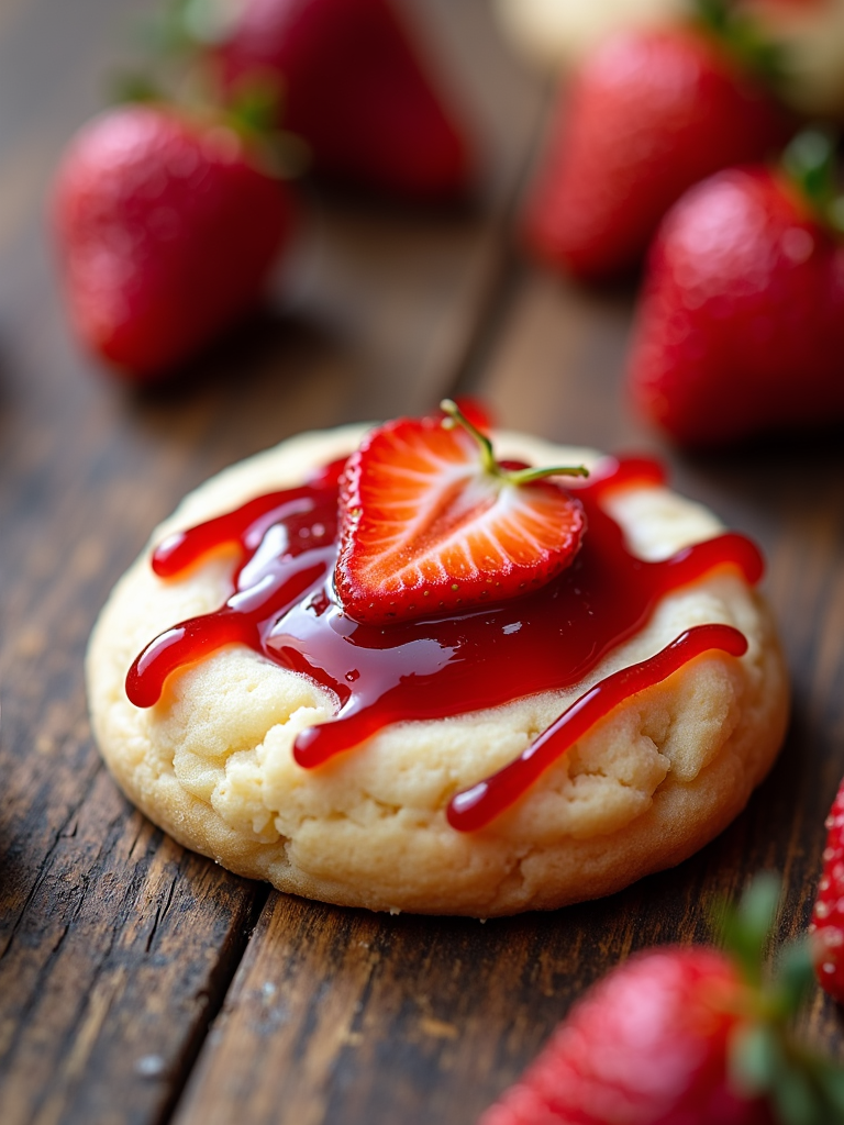 A cookie with a shortcake base, topped with a strawberry jam swirl and a whole dried strawberry slice in the center.