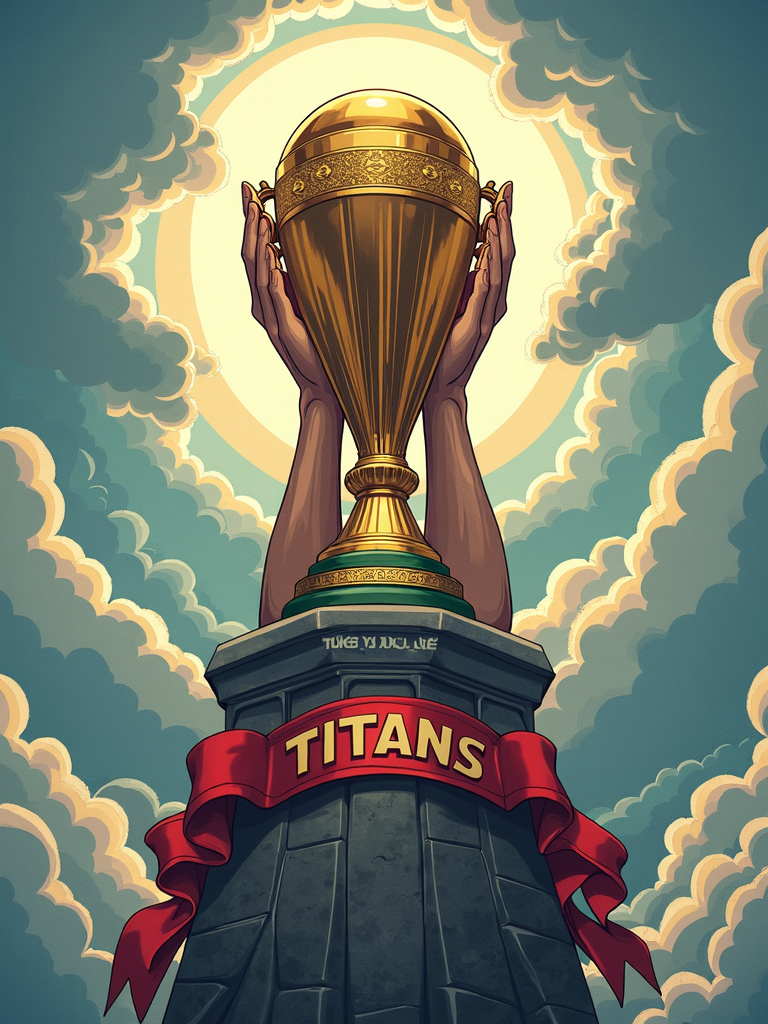 Mythological Titan's Trophy Lift: An epic illustration of the Club World Cup trophy being lifted by powerful, god-like or titan hands, emerging from clouds or monumental structures. 'Year of the Titans' could be inscribed on the base or as a banner.