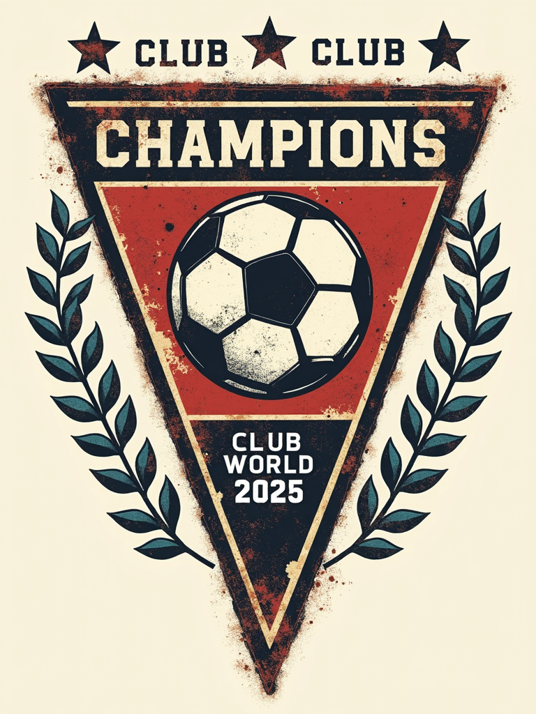 Classic Pennant Celebration: Features a large, distressed graphic of a traditional triangular football pennant emblazoned with 'FIFA Club World Cup 2025 Champions' (or similar), vintage sports iconography like laurel wreaths, and faded team-like colors.