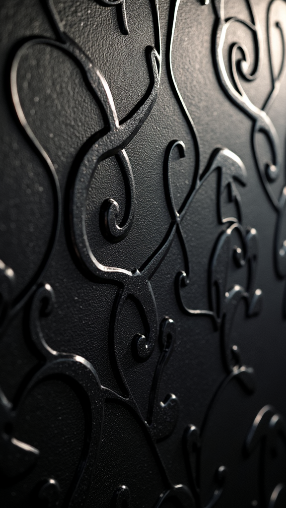 The image shows a close up of a black door with a decorative design on it. The door is made of metal and has a glossy finish. The design is intricate and detailed, with swirls and curves that create a unique pattern.