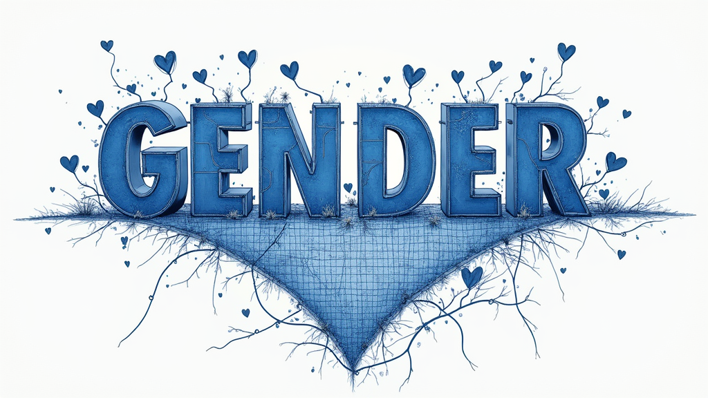 A blueprint-style design. The top half shows 'GENDER' as a rigid, boxed-in structure being dismantled (cracks, falling pieces). The bottom half shows 'LOVE & ACCEPTANCE' as an open, flowing organic blueprint with supportive structures like hearts and connecting lines.
