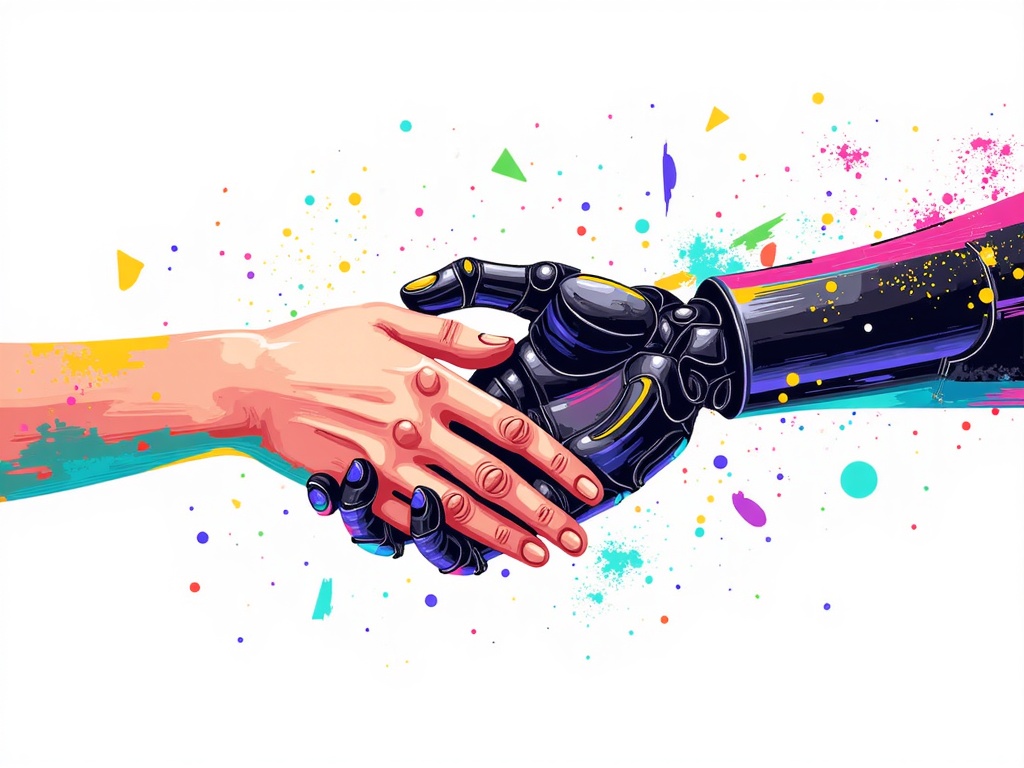 A human hand and a robotic/digital hand are depicted intertwined, with artistic elements like paint strokes and pixel patterns flowing between them, symbolizing the fusion of human artistic intuition and AI's computational power to create illustrations.