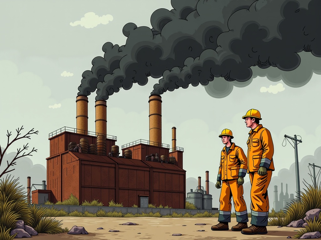  two men wearing yellow hard hats and overalls standing in front of a large industrial plant with multiple chimneys. The plant appears to be a factory or a power plant, as there are several large smokestacks emitting black smoke into the sky. The men are standing on a dirt road, and there are trees and bushes on either side of the road. The sky is blue with a few clouds, and the overall mood of the image is one of danger and urgency.