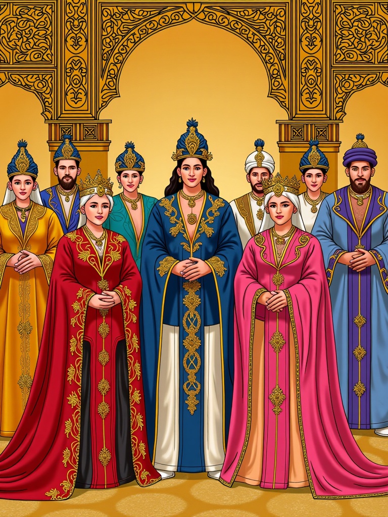 Royal Court and Palace Architecture: Design opulent costumes and textiles reflecting the grandeur of sultan's courts. Incorporate architectural elements like archways, domed silhouettes in headwear, and intricate patterns mimicking mosaics or carved wood panels. Use rich velvets, brocades, and heavy gold embroidery.