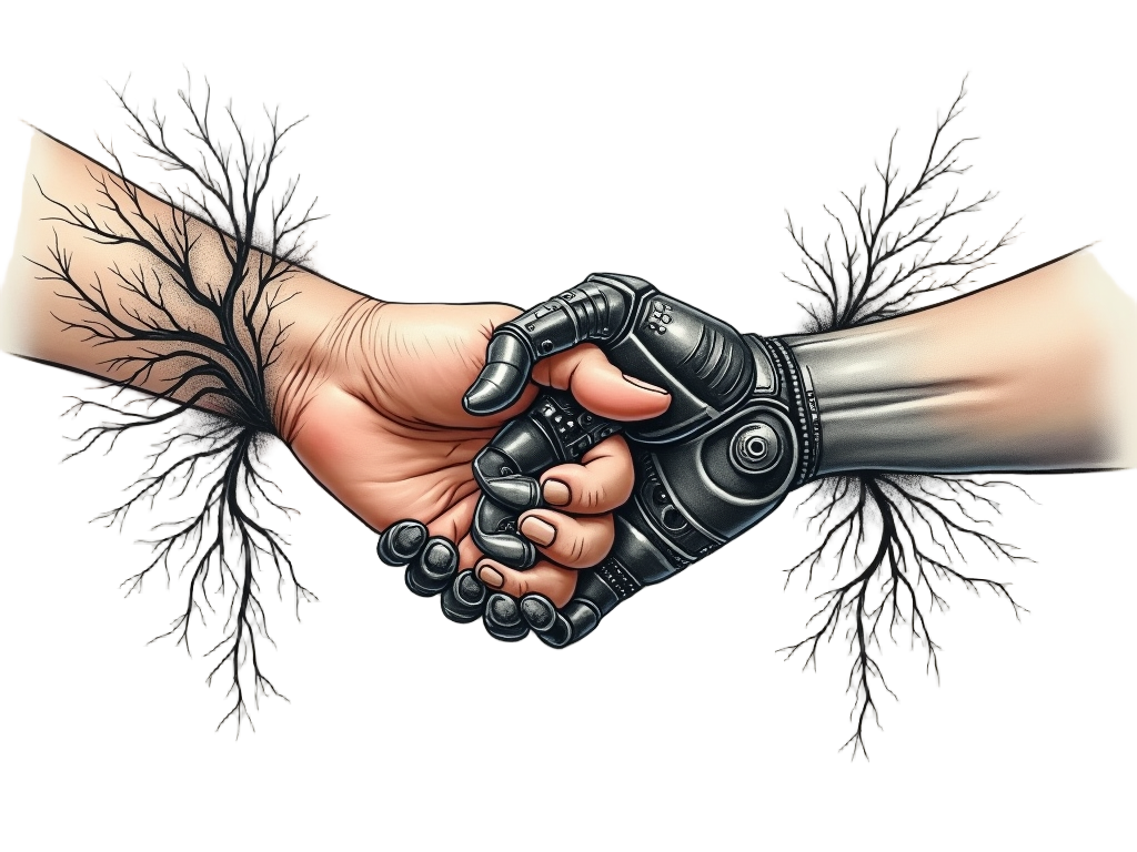 The Helping Hand: A human hand and a robotic/AI hand clasped or touching, with roots (from the human side) and circuits (from the AI side) intertwining around the wrists and forearms, symbolizing mutual support and co-dependency.