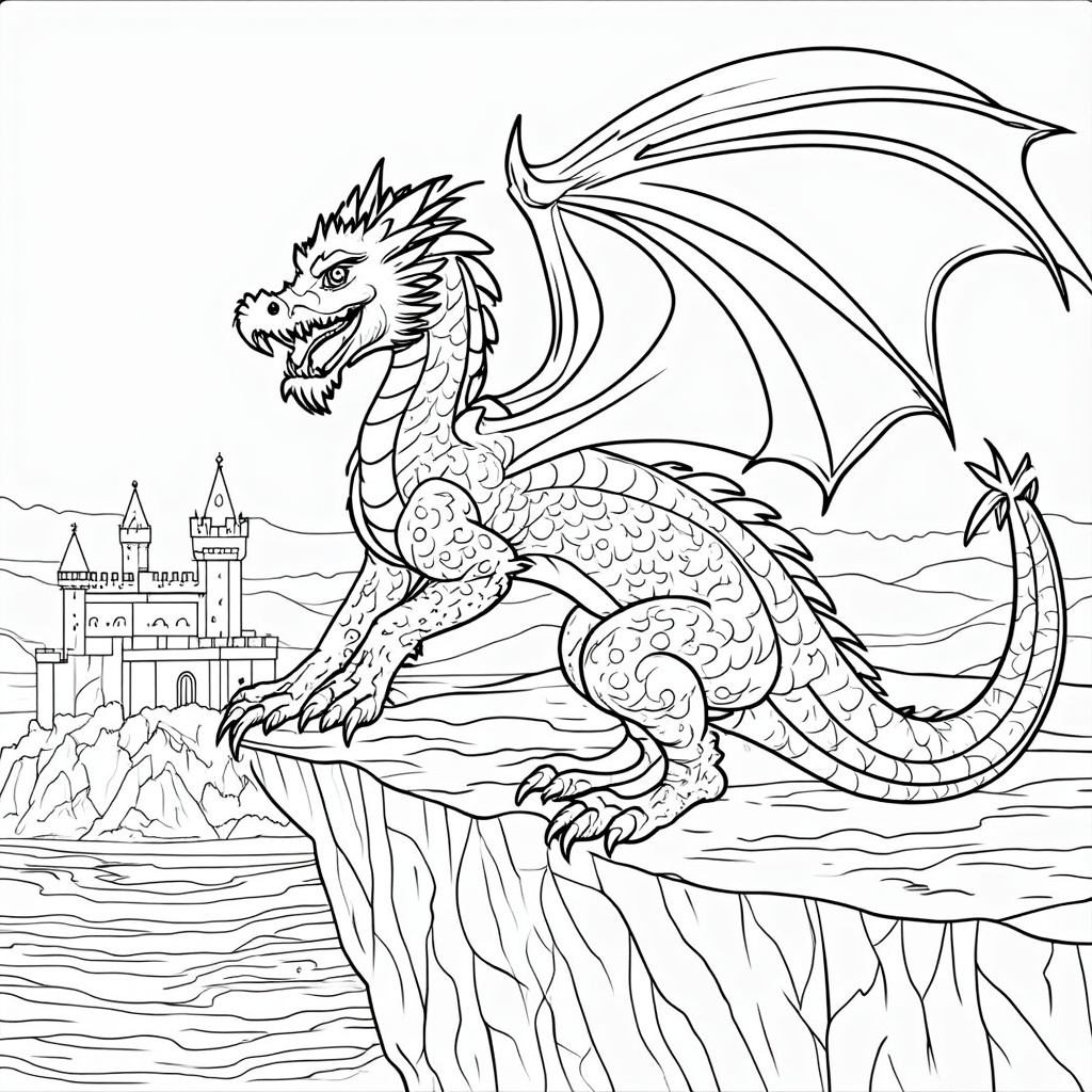 A fierce dragon perched atop a rocky cliff, gazing majestically over a medieval landscape. The dragon has sharp talons and large wings spread wide, casting a protective shadow over the castle below. Detailed textures on its scaled body provide a rich canvas for coloring.