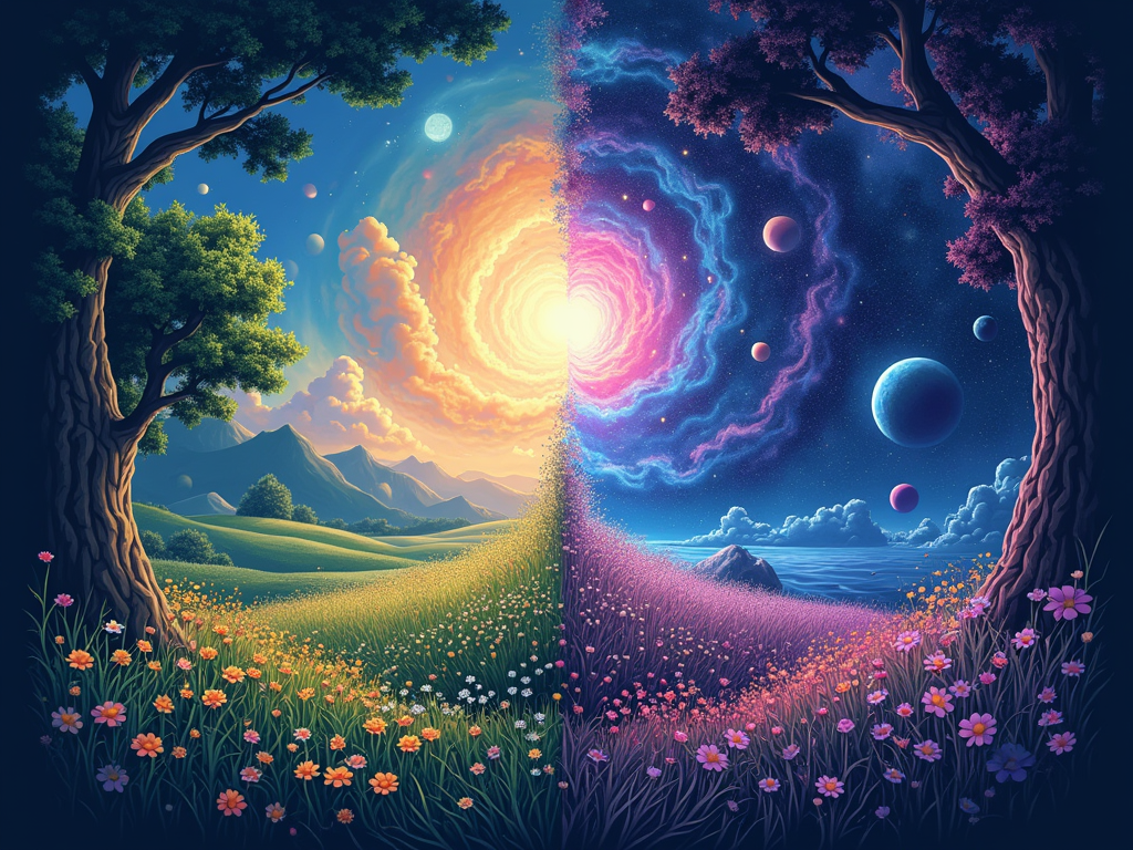 A symmetrical design where one half depicts a serene, daytime Cosmic Meadow scene, and the other half transitions through a swirling psychedelic pattern into a vibrant, nocturnal cosmic version of the same meadow, filled with glowing, abstract shapes.