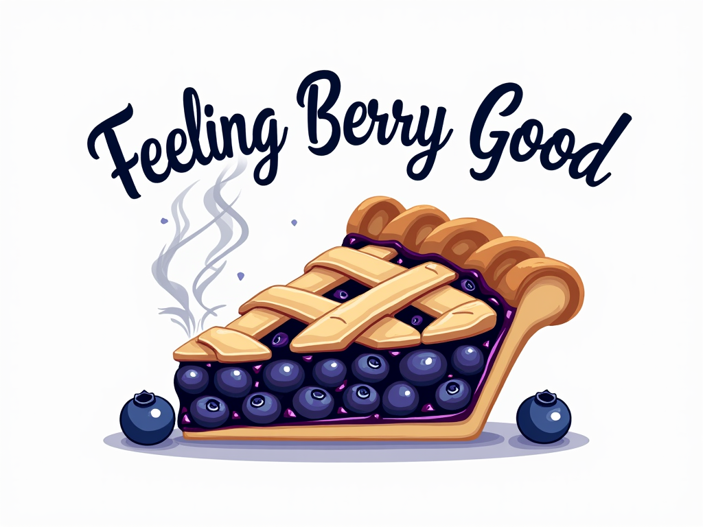 Text 'Feeling Berry Good' in a playful, slightly rounded font arching over a detailed illustration of a steaming slice of blueberry pie with a lattice crust. A few loose blueberries could be scattered near the text.