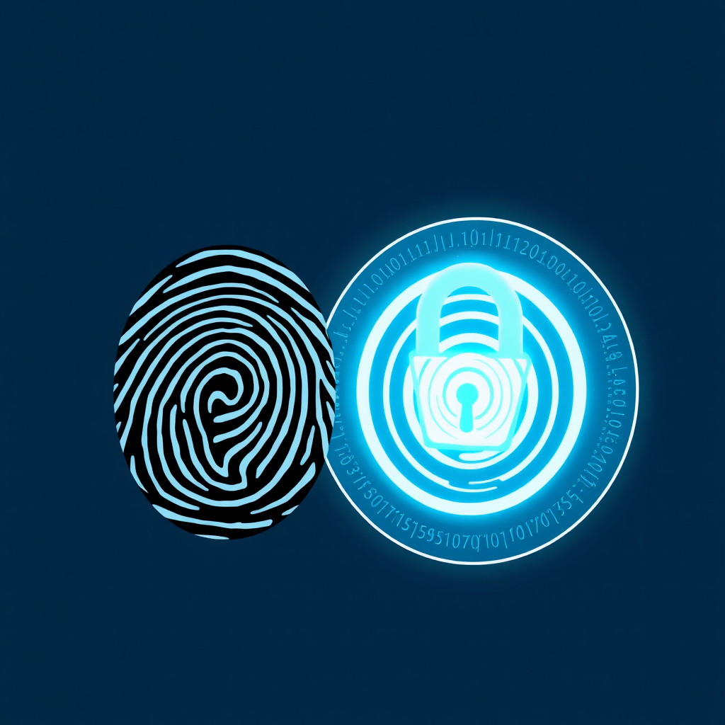 Fingerprint Key & Secure Orb Lock: Depict a stylized, iconic fingerprint whorl as the 'key.' This element is positioned to touch or align with a perfectly circular 'lock' icon, which an abstract representation of a secure data orb with subtle, glowing concentric rings or a data matrix pattern.
