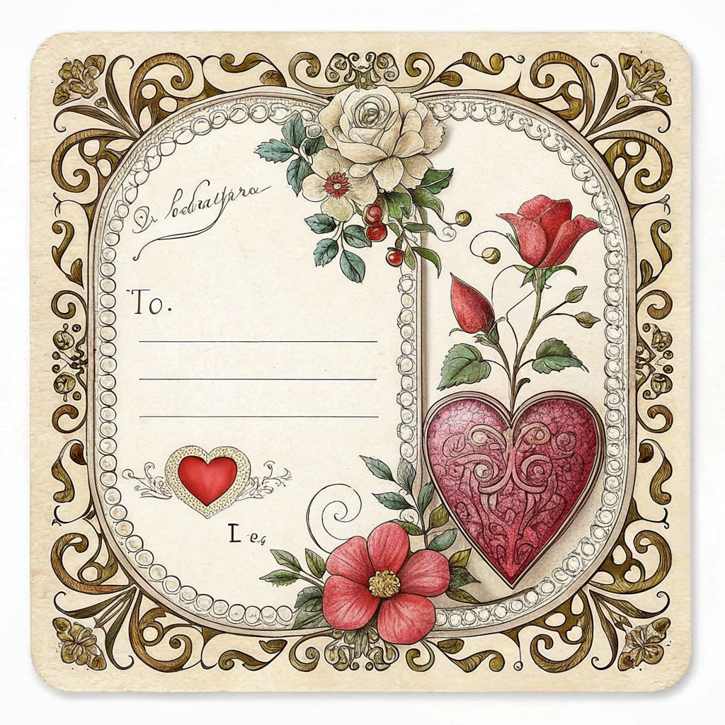 A sticker designed like an old-fashioned Valentine's Day card, with ornate borders and a space for a handwritten message.