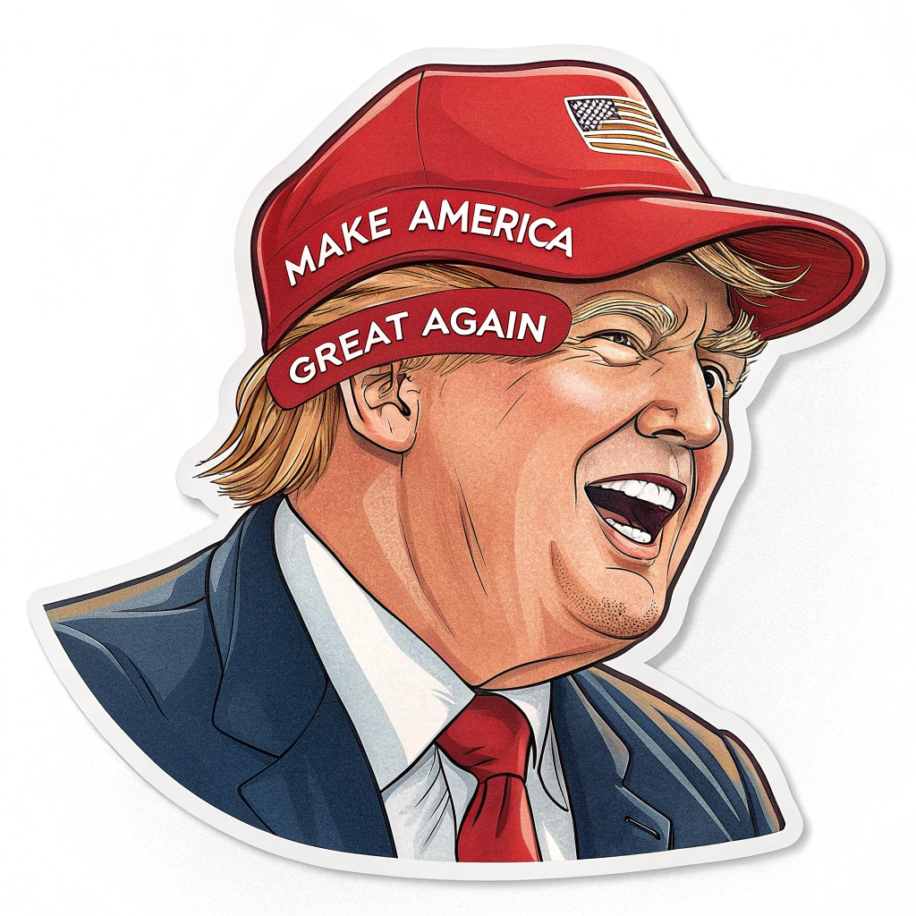 A sticker featuring a caricature of Donald Trump wearing his signature 'Make America Great Again' hat, with a playful or humorous expression.