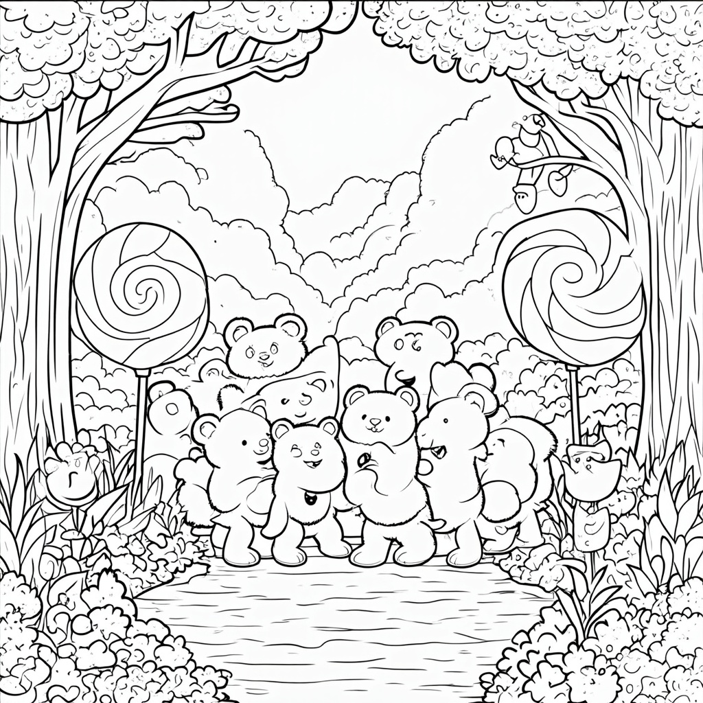 Baby gummy bears playing hide-and-seek among giant, colorful lollipops and candy canes in a whimsical forest setting.