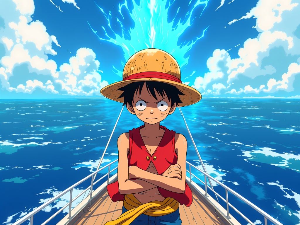 Luffy with Shanks' Straw Hat, an ethereal aura surrounding him, inspires hope and the spirit of friendship in a vast and exciting world of One Piece.