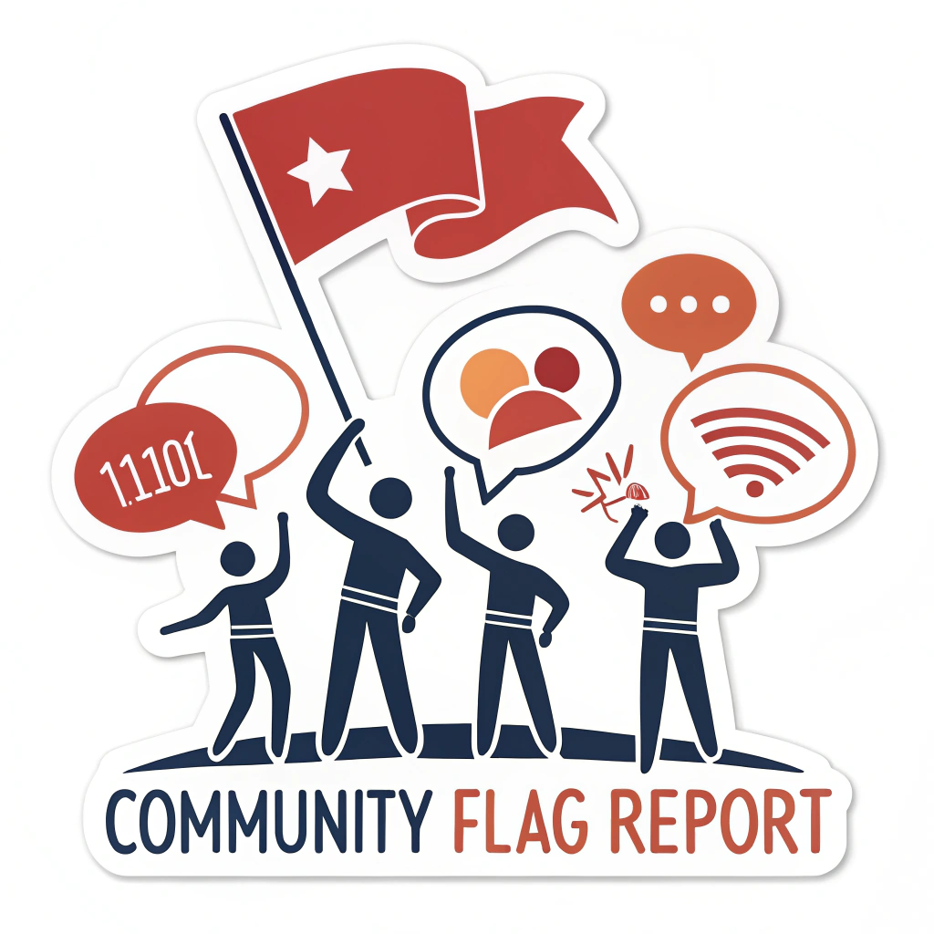 Sub-design 2: 'Community Flag Report' sticker depicting stylized figures or interconnected speech bubbles collectively raising a prominent red or orange flag, emphasizing community-driven reporting and solidarity.