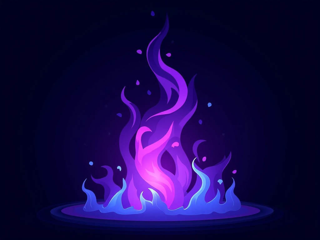 The image is an illustration of a fire flame. The flame is in the center of the image and is made up of multiple layers of different colors - pink, purple, and blue. The pink flame is on the left side, with the purple flame on the right side and the blue flame in the middle. The blue flame is at the bottom, with small droplets of water scattered around it. The background is black, making the colors of the flame stand out even more. The overall effect is a vibrant and dynamic image that conveys a sense of energy and excitement.