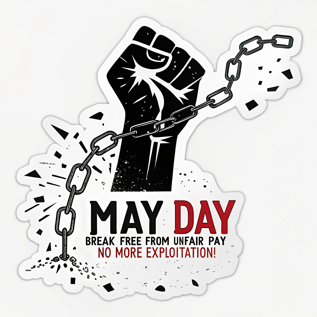 Broken Chains of Unfairness: Design a sticker showing broken chains, representing liberation from worker exploitation. Text like 'May Day: Break Free from Unfair Pay' or 'No More Exploitation!' can be used. A gritty, impactful style would suit this.