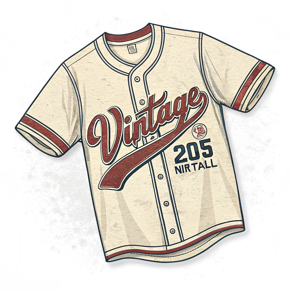 The image is of a vintage baseball jersey. The jersey is beige in color with a red stripe on the collar and sleeves. The word Vintage is written in a cursive font in the center of the jersey, with the number 205 written below it in a smaller font. The number Nirtall is also written below the word in a larger font size. The shirt appears to be made of a soft, textured fabric and has a ribbed collar and cuffs. The background of the image is white.