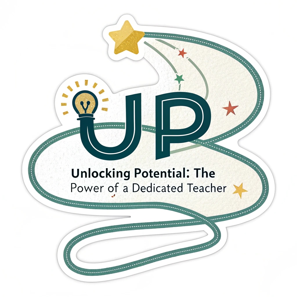 Simple Logo Sticker Idea: The initials 'UP' (for Unlocking Potential) creatively designed, perhaps with the 'U' forming a pathway and the 'P' ending in a small star or light. Below, the full tagline: 'Unlocking Potential: The Power of a Dedicated Teacher' in a clean font.