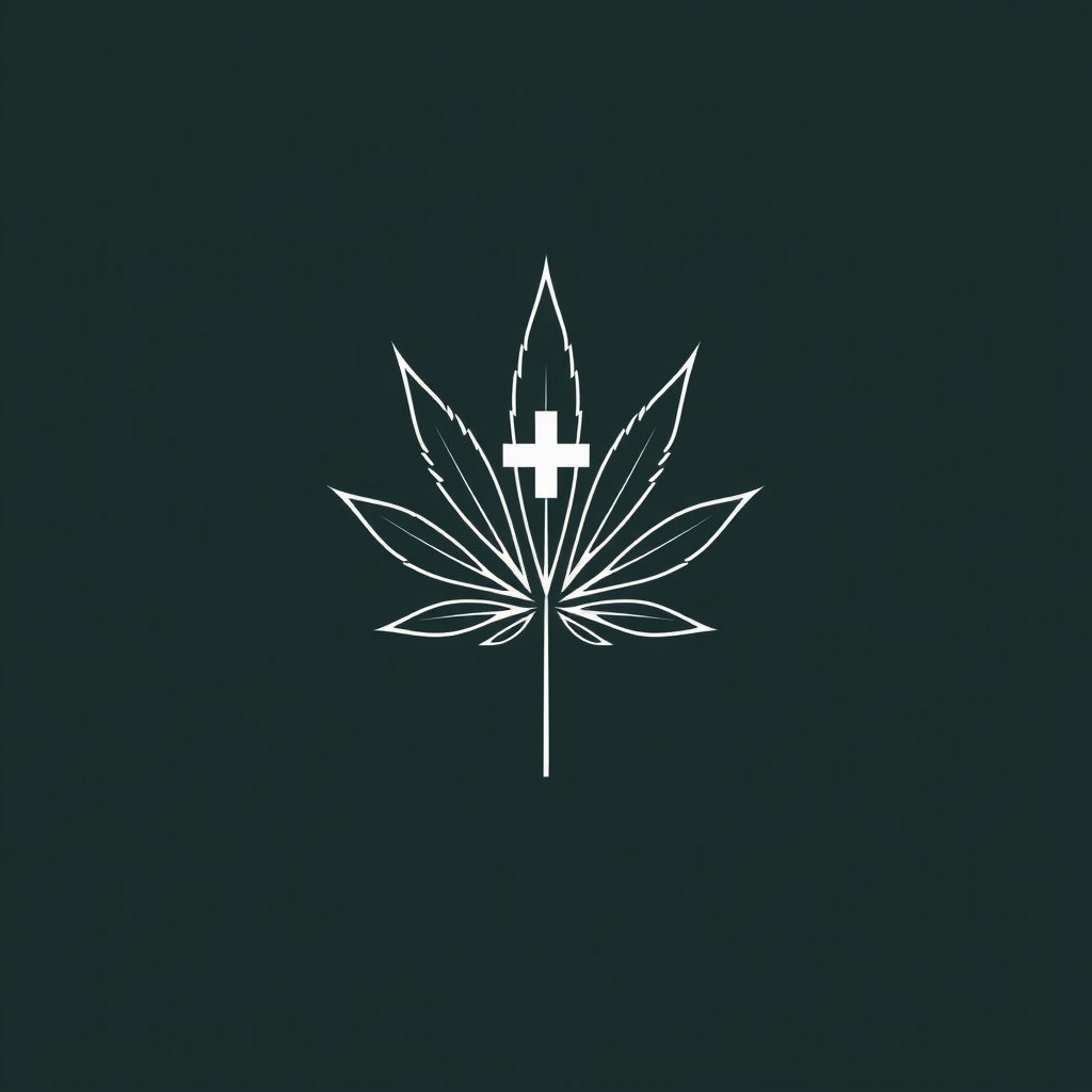Simple Logo Idea: A minimalist logo featuring an elegant, thin-lined cannabis leaf alongside an equally streamlined medical cross, potentially with the cross forming from an extension of the leaf's stem or central vein.