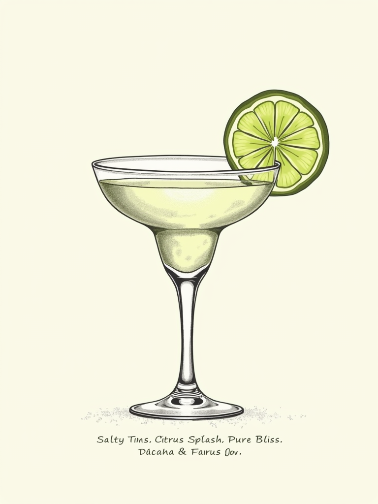 A minimalist 'Zen and the Art of Margarita' design employing clean line art of a margarita glass. Key elements would include a single, perfectly rendered lime wedge perched on the rim and a subtle texture representing the salt. Accompanying text could be something like 'Salty Rims. Citrus Splash. Pure Bliss.' or 'Margarita Time: Keep it Simple,' with 'Cinco de Mayo' discreetly placed.