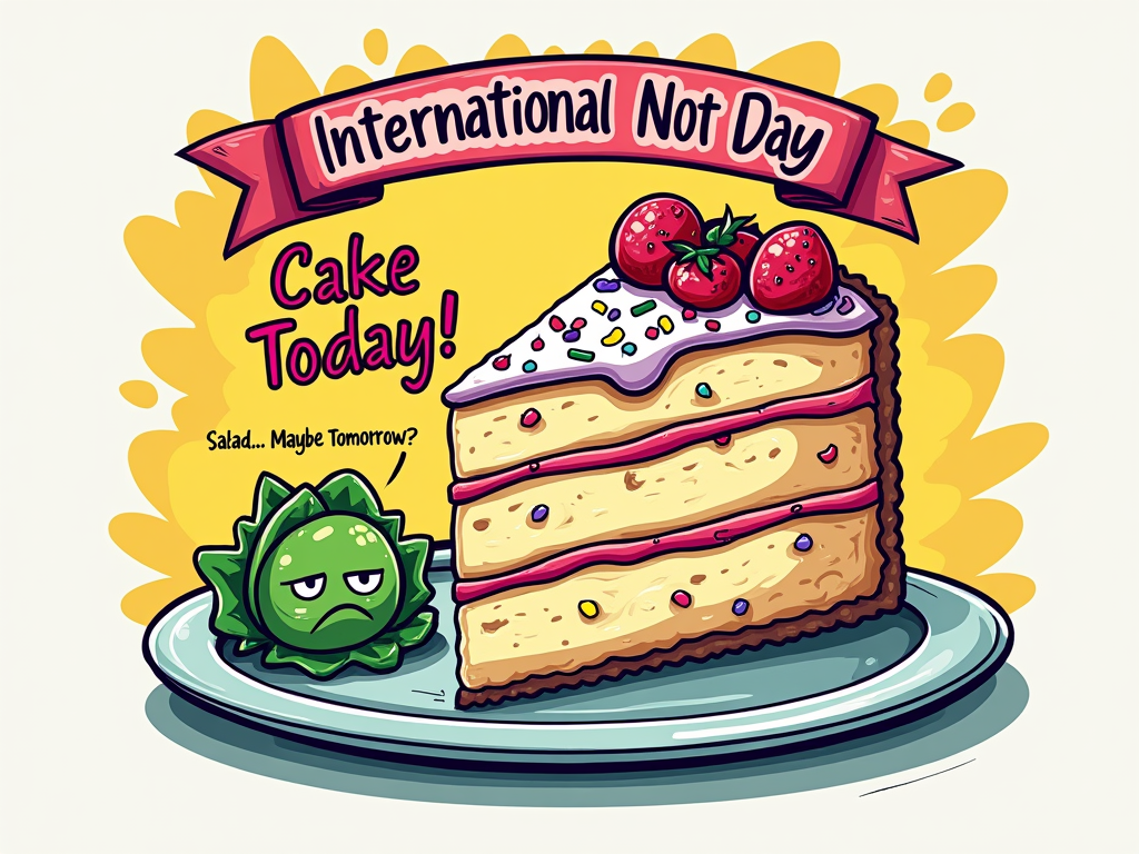 A vibrant, cartoonish illustration featuring a large, delicious slice of cake dominating one side of the T-shirt. On the other side, or below it, a comically small and sad-looking salad. The text 'Cake Today!' is prominently displayed near the cake in a fun, bold font, while 'Salad... Maybe Tomorrow?' appears near the salad in a smaller, hesitant script. 'International No Diet Day' could be a banner above.