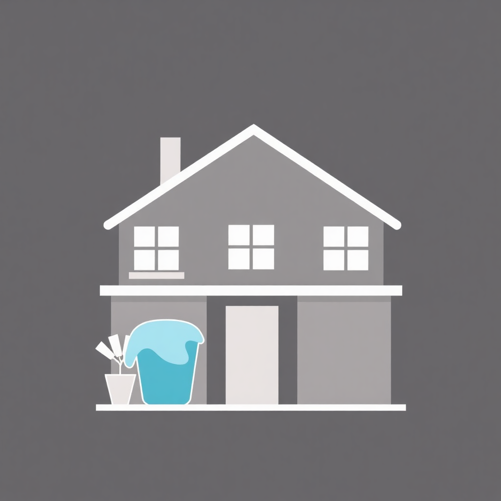 The image is a graphic illustration of a house. The house is a two-story building with a sloping roof and a chimney on the left side. It has three windows on the front and a door on the right side. In front of the house, there is a blue trash can and a small potted plant. The background is a solid grey color. The overall design is simple and minimalistic.