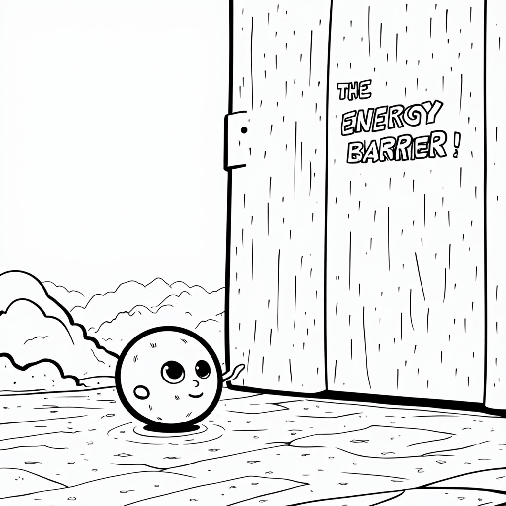 A page showing a simple, friendly particle character (e.g., an electron depicted as a cute sphere with eyes) approaching a very tall, thick, and imposing wall labeled 'The Great Energy Barrier!'