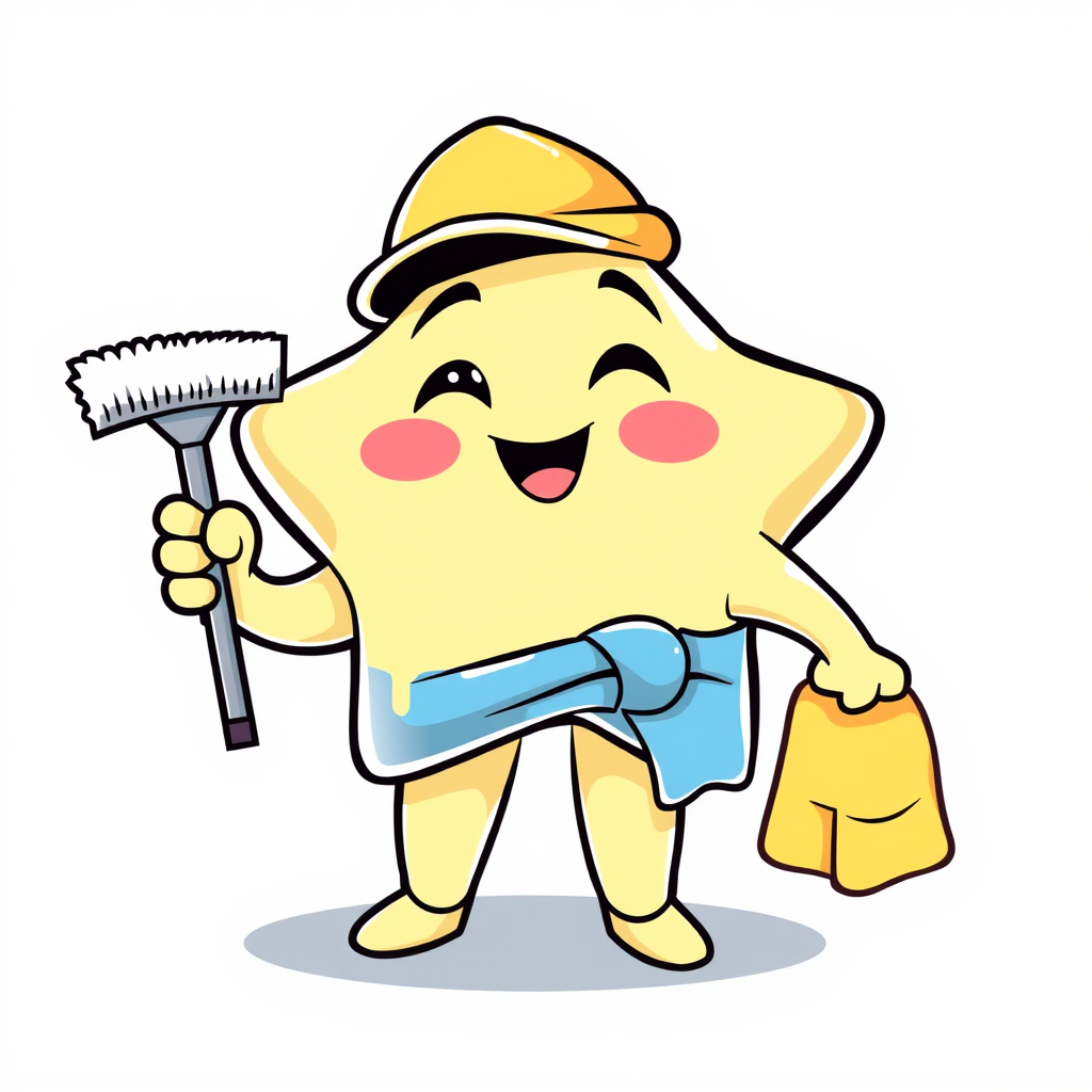 Smiling Star Character: A cute, friendly star character holding a cleaning tool or wearing a cleaning hat to create a welcoming impression.