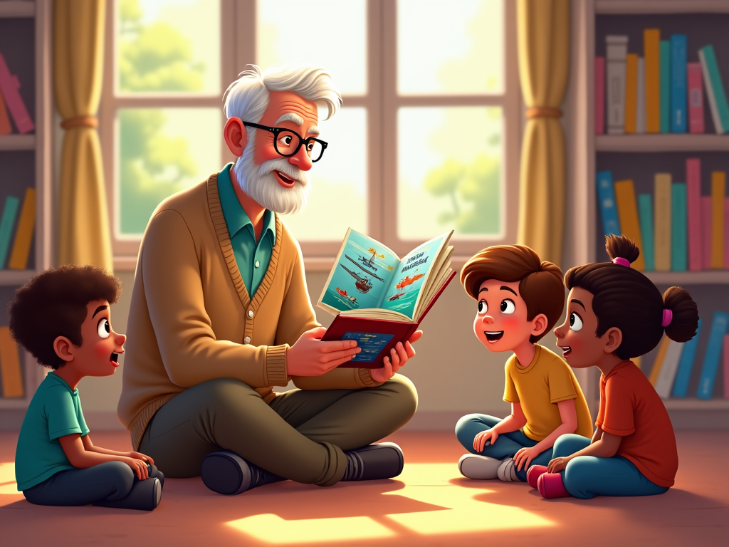 A cartoon image of children in a library, captivated by a veteran reading a pictorial history book aloud. The veteran, with spectacles perched on his nose, points to illustrations of planes and ships. The shelves display colorful children's books, and sunlight streams through large windows, illuminating the moment.