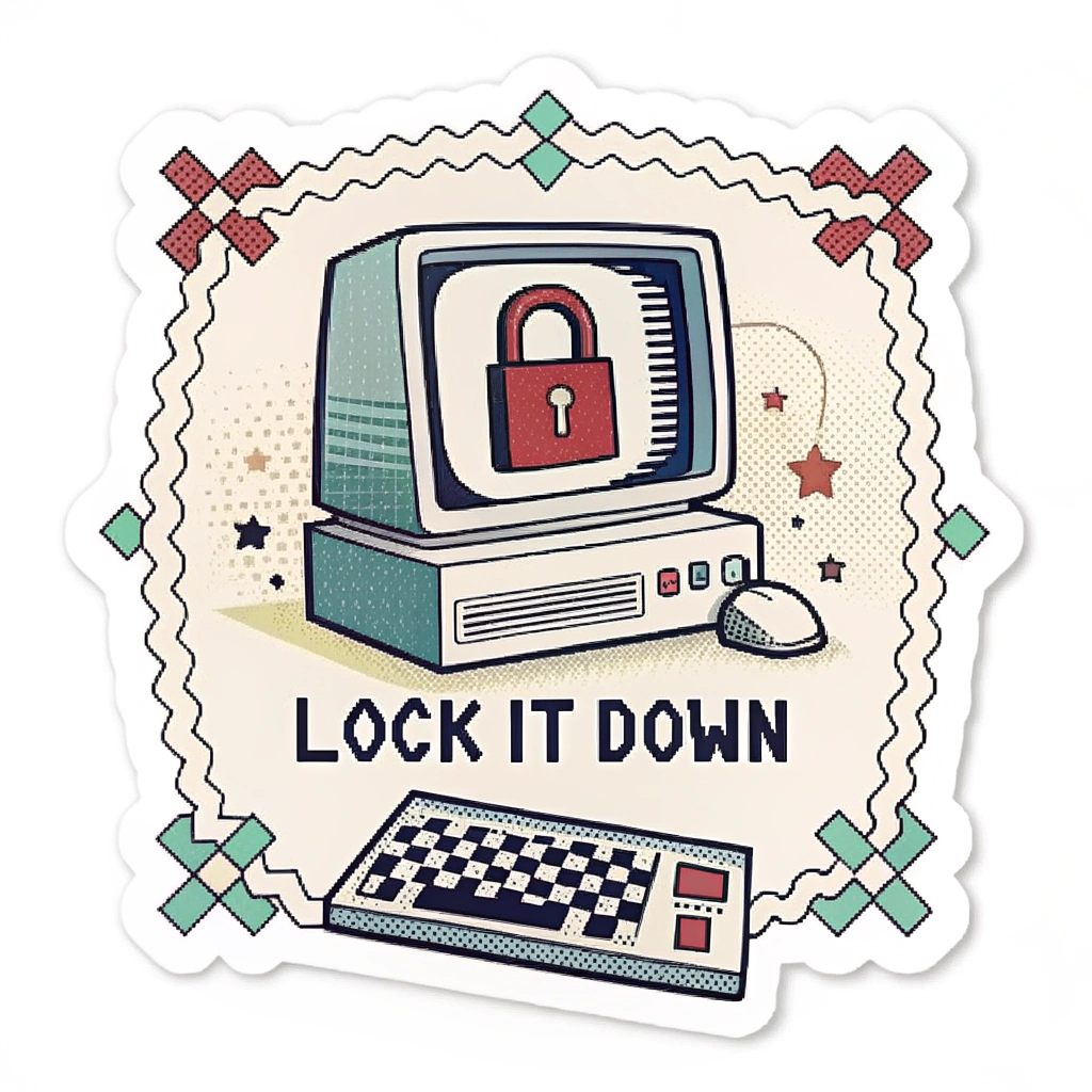 Sub-Design Idea 5: A retro-themed sticker with pixel art graphics of a computer screen transitioning to a locked state (e.g., a keyhole appearing), with 'Lock It Down' in a pixelated font, evoking a sense of classic tech security prompts.
