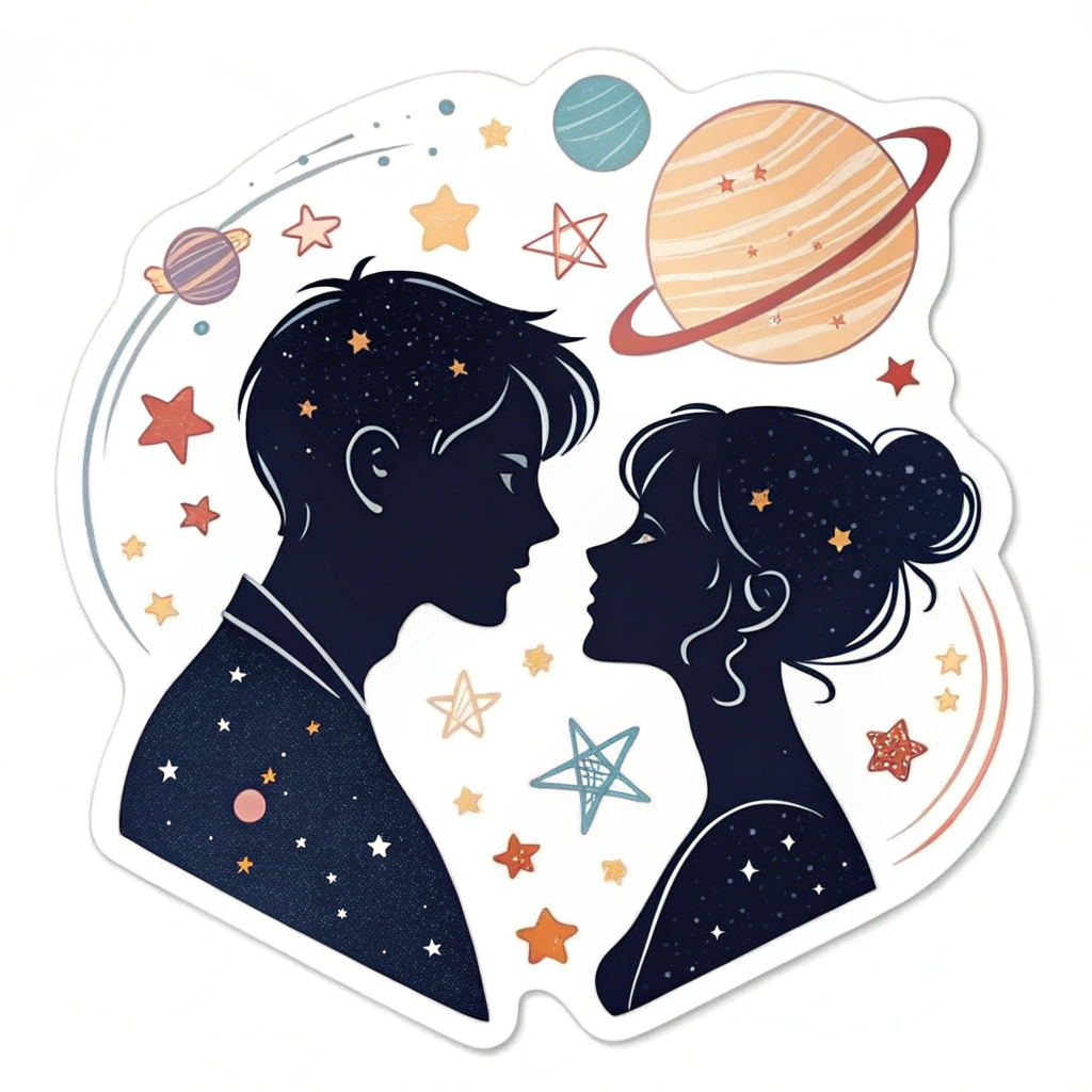 A sticker with two silhouetted figures looking into each other's eyes, with stars and other celestial elements in the background.