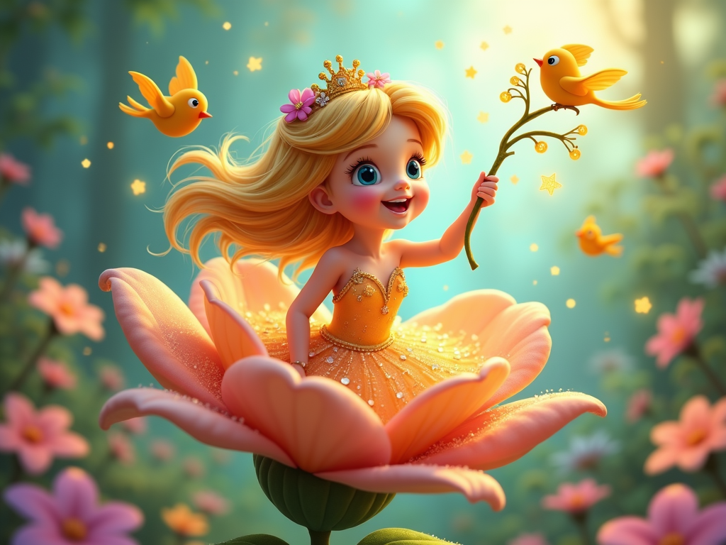 A tiny princess sitting on a giant flower, surrounded by singing birds and fireflies, with a magical, glowing staff made of a branch.