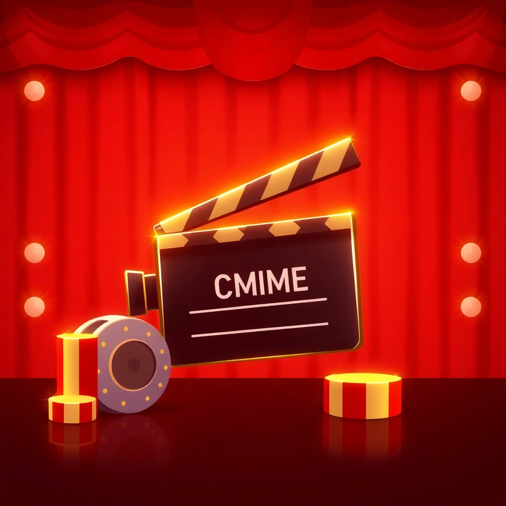 The image shows a movie clapboard on a stage with a red curtain in the background and lights illuminating the scene. The clap board has text on it, and there are other objects scattered around the stage.